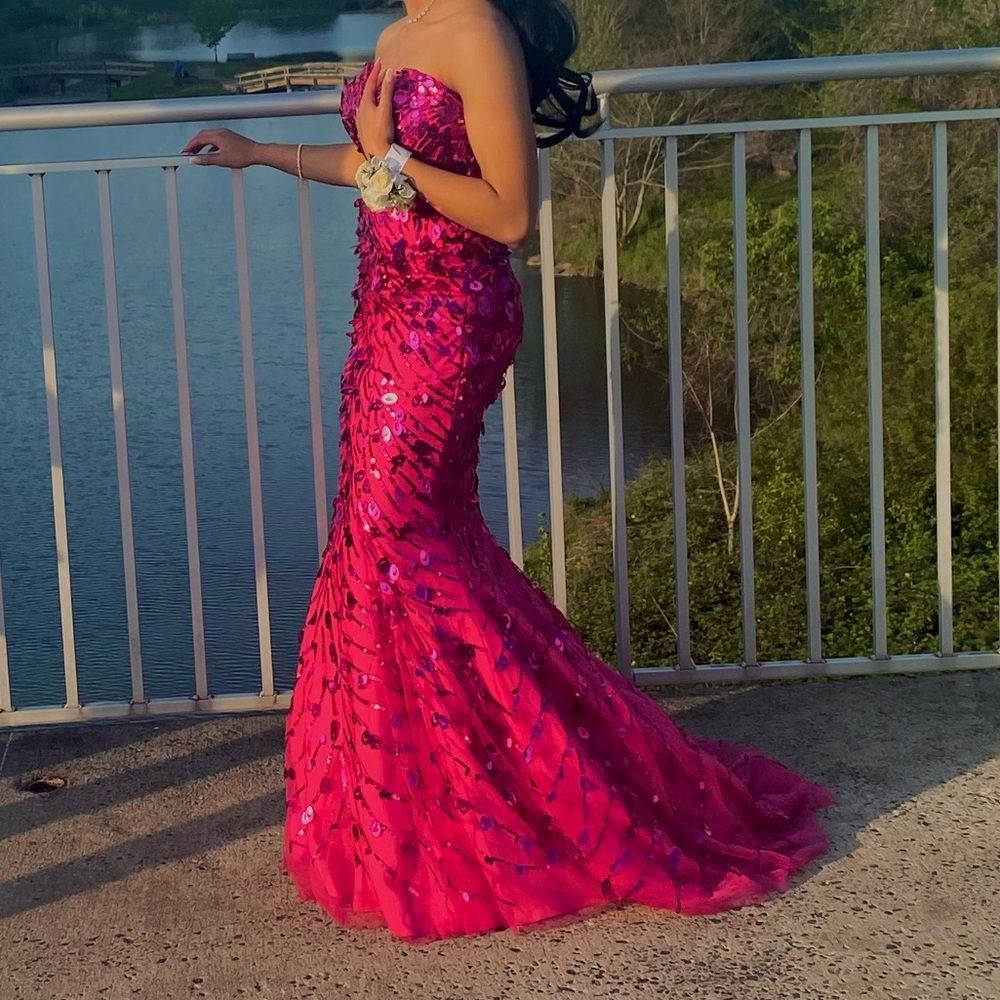 A magenta mermaid dress with sequence.